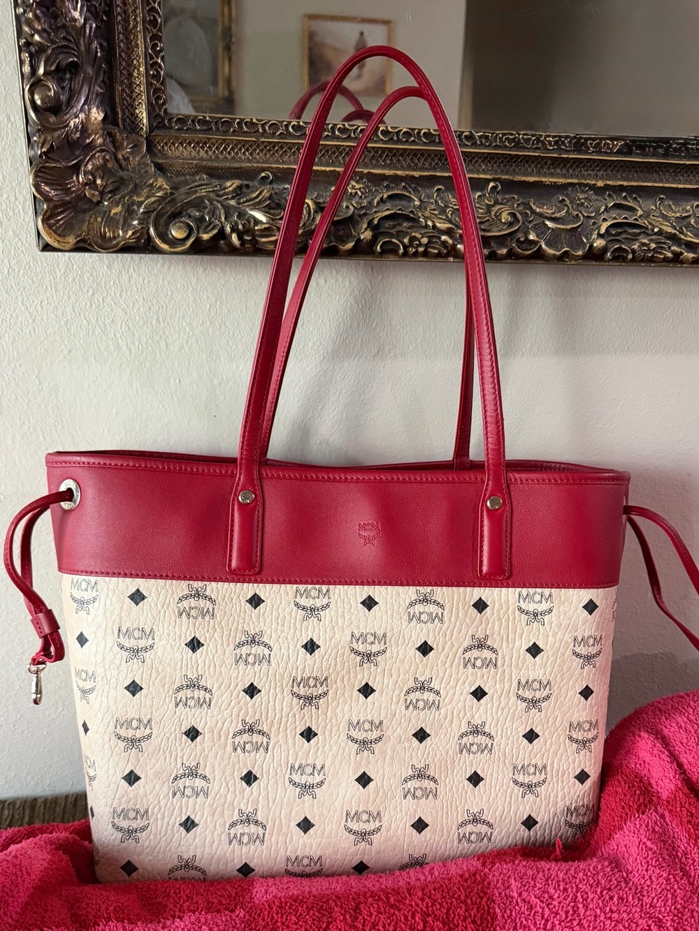MCM Red and Cream Monogram Tote